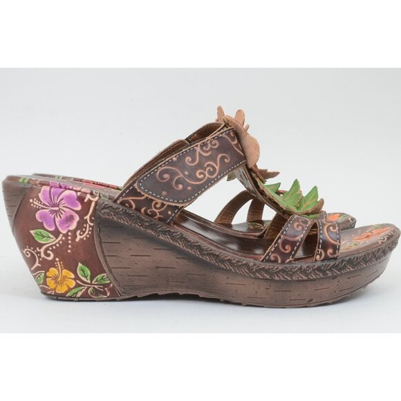 Corkys Hand Painted Floral Leather Slip-On Wedge Heel Sandal Boho Colorful Sz 10 - Picture 2 of 11